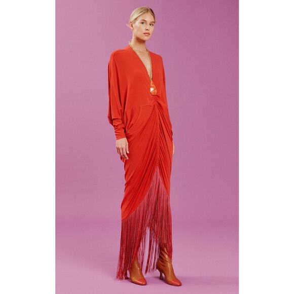 Silvia Tcherassi Women's Red Rosalyn Fringe-detailed Draped Maxi Dress. Size M - Picture 2 of 10